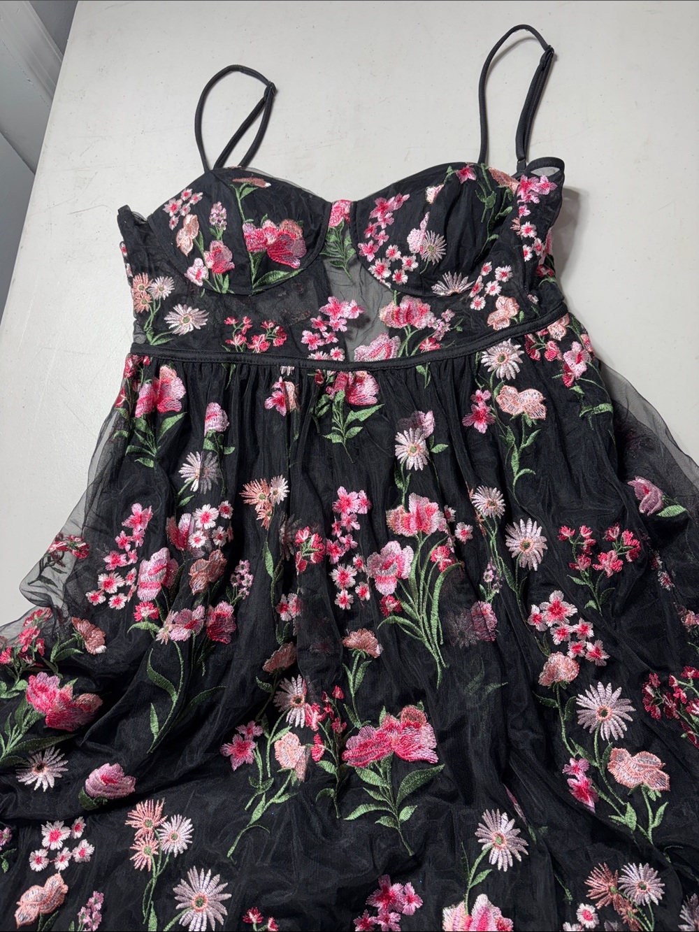 Black Floral Embroidered Mesh Maxi Dress